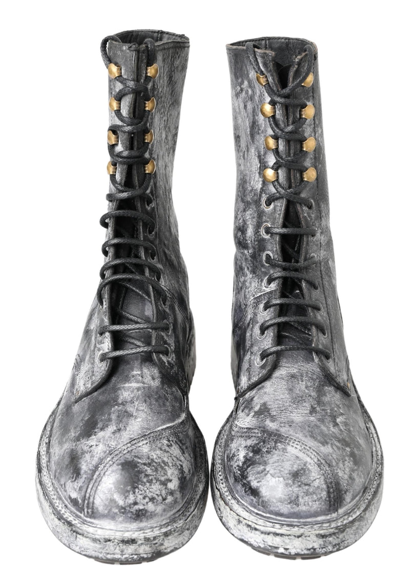 Dolce & Gabbana Black Gray Leather Mid Calf Boots