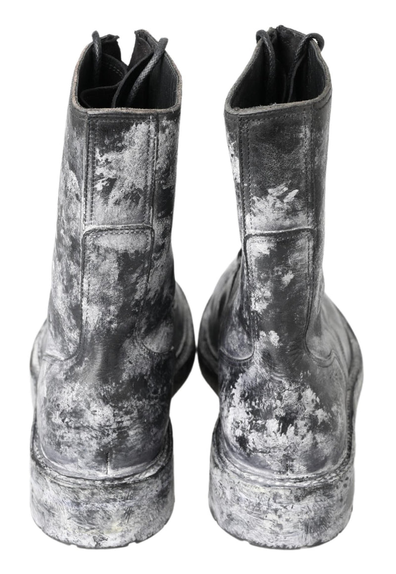 Dolce & Gabbana Black Gray Leather Mid Calf Boots