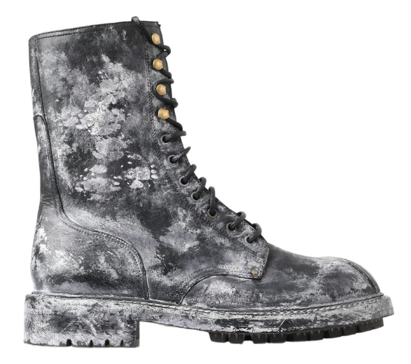 Dolce & Gabbana Black Gray Leather Mid Calf Boots