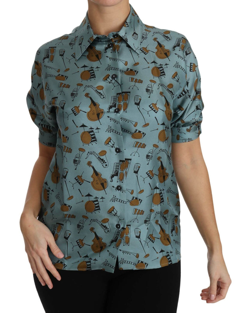 Dolce & Gabbana Multicolor Musical Instruments Silk Short Sleeve Shirt