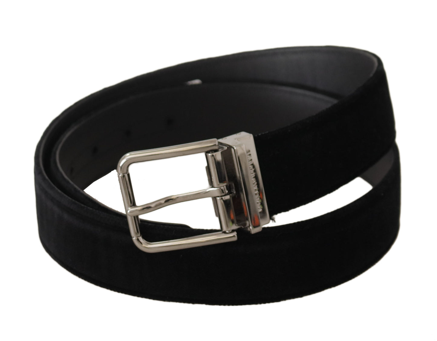 Dolce & Gabbana Black Velvet Zilveren Logo Gegraveerde Metalen Gesp Riem