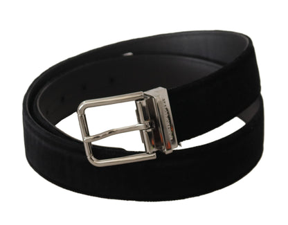 Dolce & Gabbana Black Velvet Zilveren Logo Gegraveerde Metalen Gesp Riem