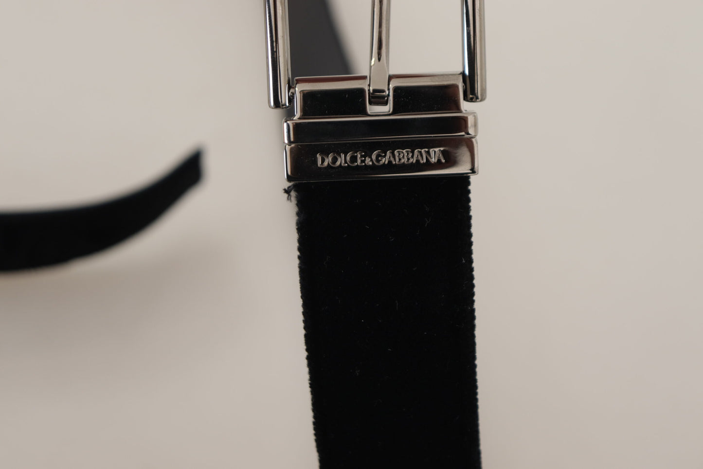 Dolce & Gabbana Black Velvet Zilveren Logo Gegraveerde Metalen Gesp Riem