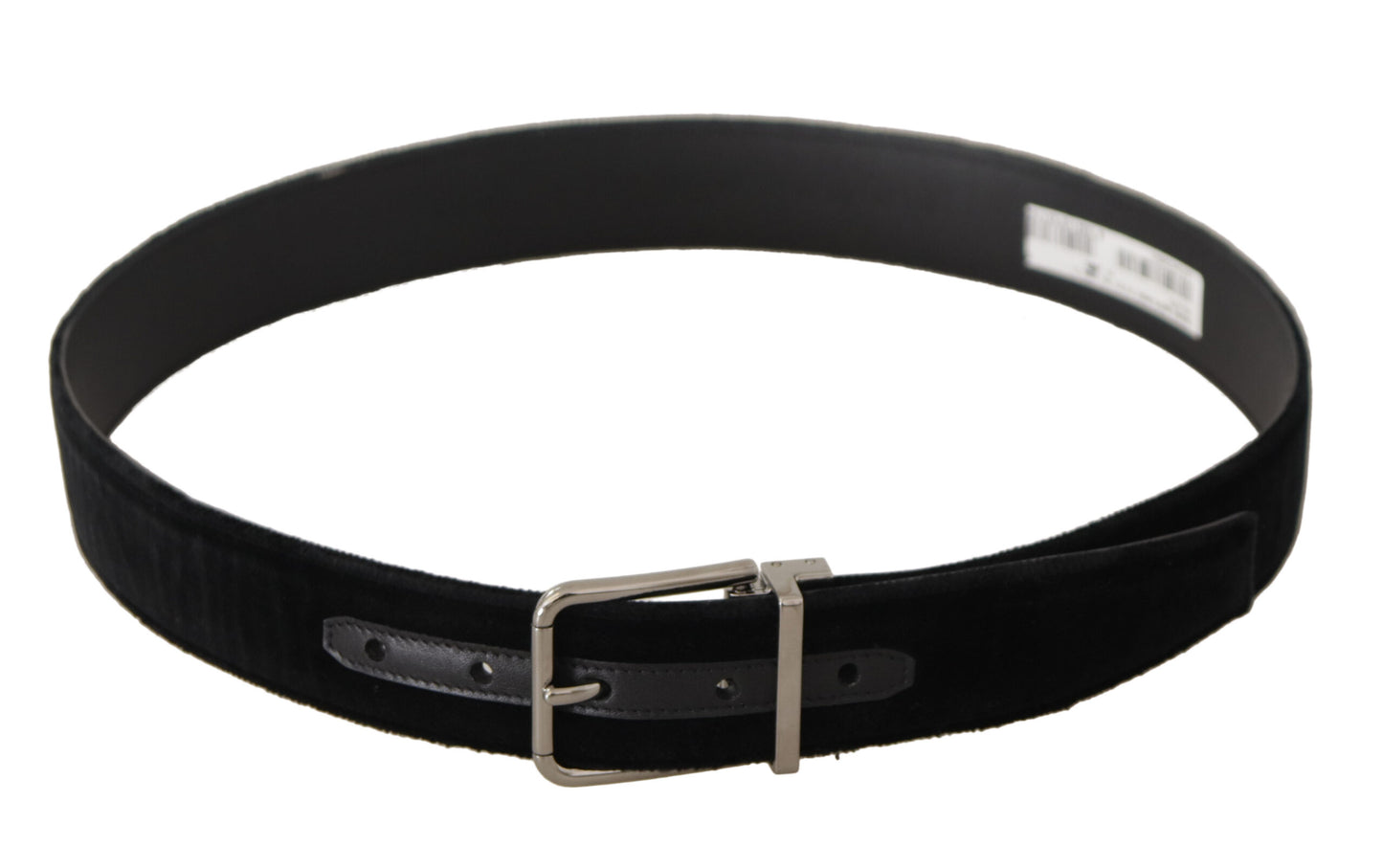 Dolce & Gabbana Black Velvet Zilveren Logo Gegraveerde Metalen Gesp Riem