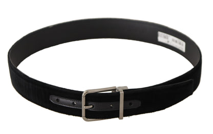 Dolce & Gabbana Black Velvet Zilveren Logo Gegraveerde Metalen Gesp Riem
