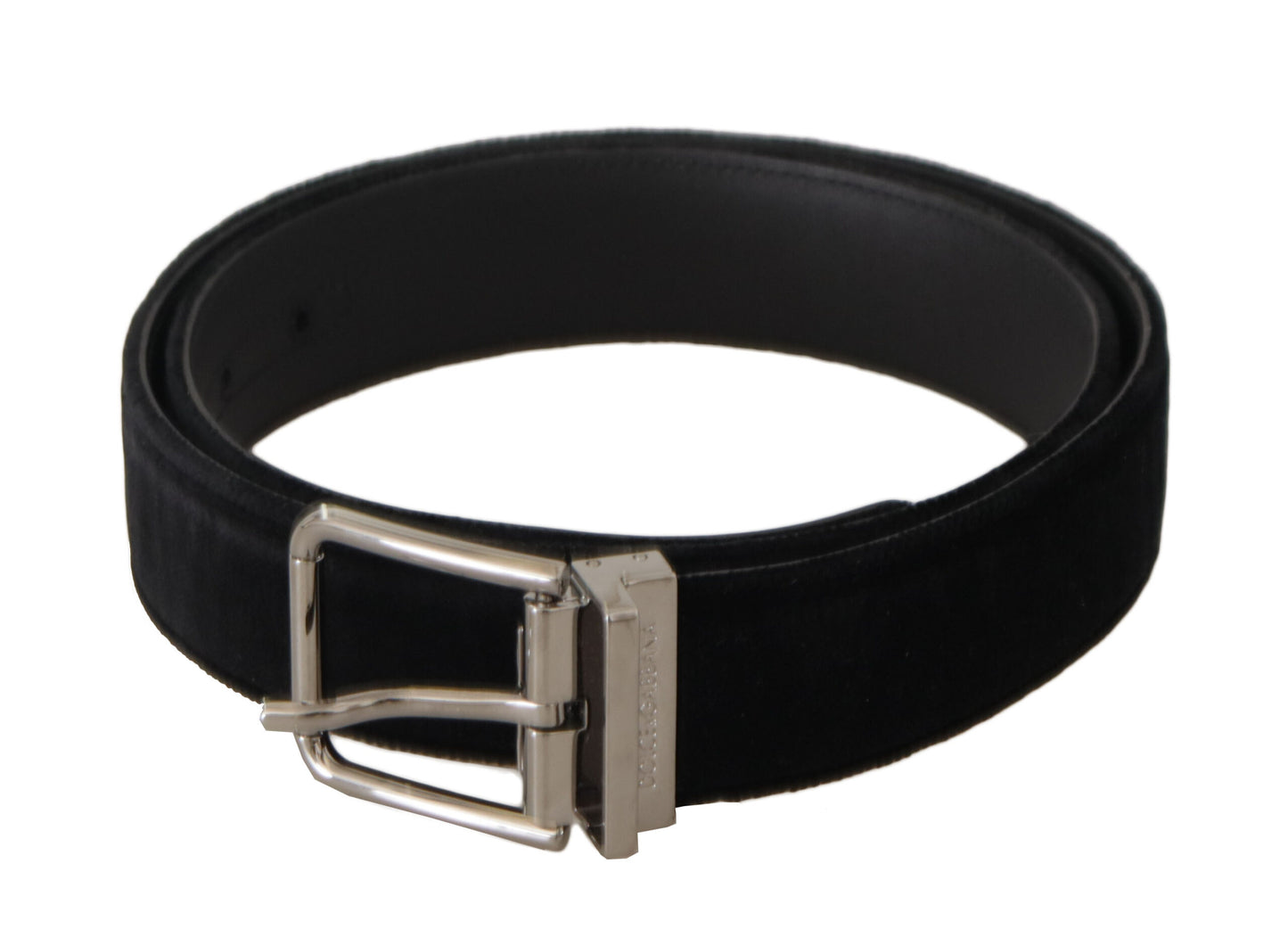 Dolce & Gabbana Black Velvet Zilveren Logo Gegraveerde Metalen Gesp Riem