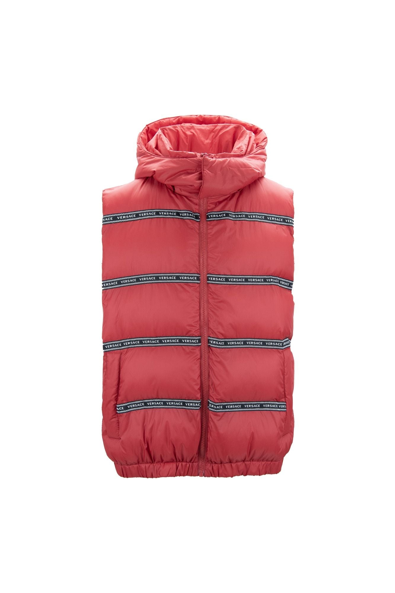 Elegant rood Versace vest met logo en afneembare capuchon