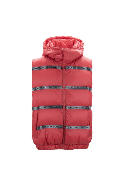 Elegant rood Versace vest met logo en afneembare capuchon