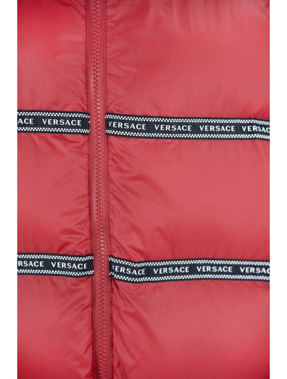Elegant rood Versace vest met logo en afneembare capuchon