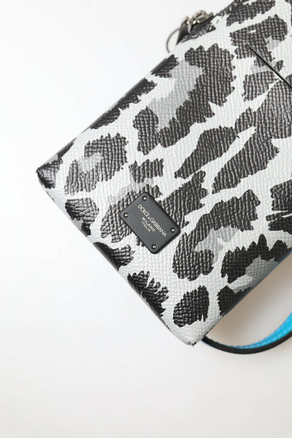 Dolce & Gabbana Grijze Luipaard Leren Heren Portemonnee Crossbody Sling Telefoontas