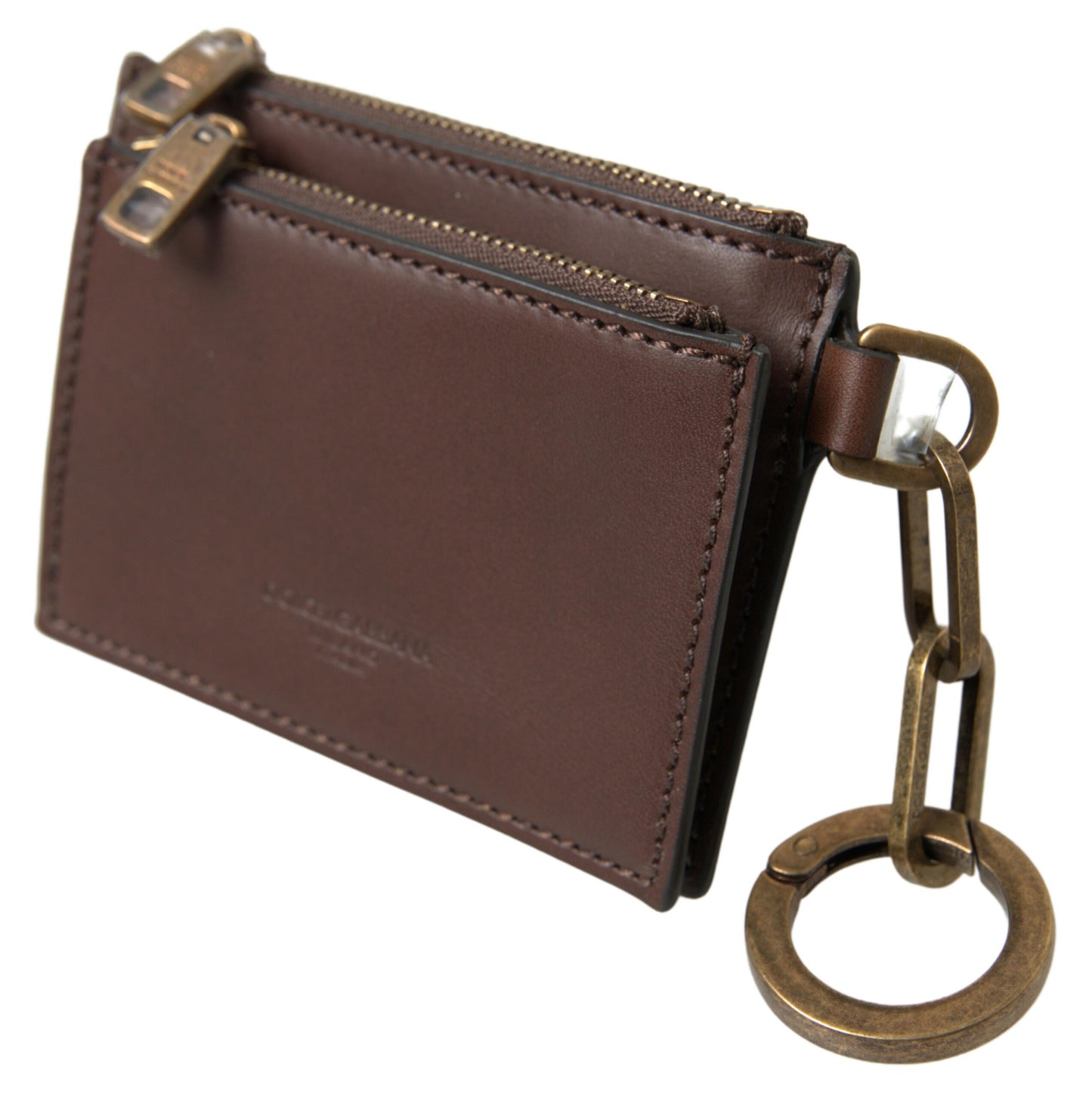 Portefeuille porte-clés et porte-monnaie Dolce & Gabbana en cuir marron avec fermeture éclair et logo