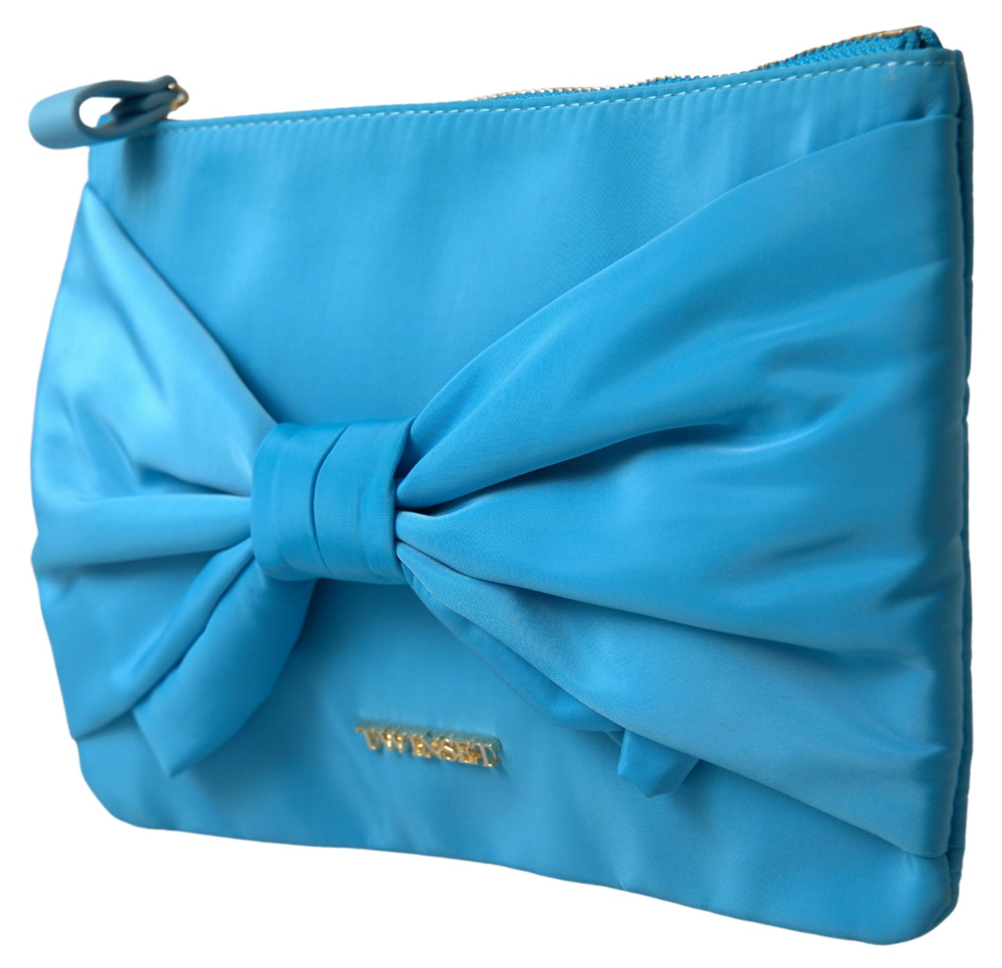 Pochette Twinset en tafta bleu et soie avec grand nœud et fermeture éclair pour femme, sac à logo Borse