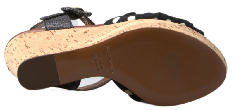 Dolce & Gabbana Black Polka Dotted Ankle Strap Wedges