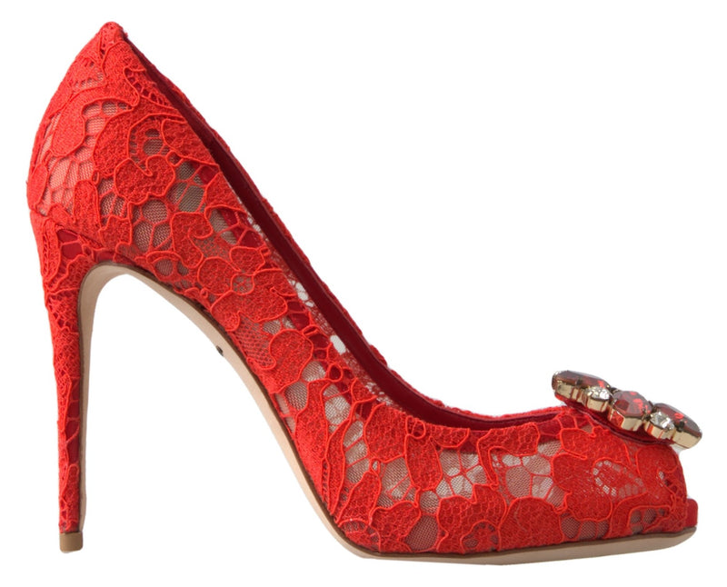 Dolce & Gabbana Red Taormina Lace Crystal Heels Pumps
