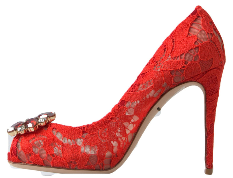 Dolce & Gabbana Red Taormina Lace Crystal Heels Pumps