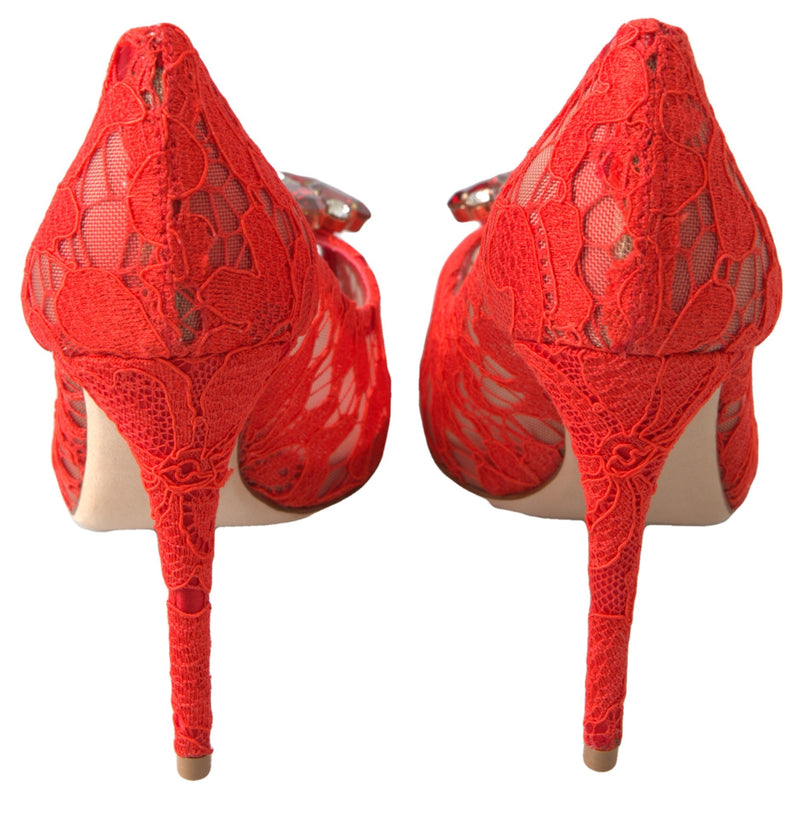 Dolce & Gabbana Red Taormina Lace Crystal Heels Pumps