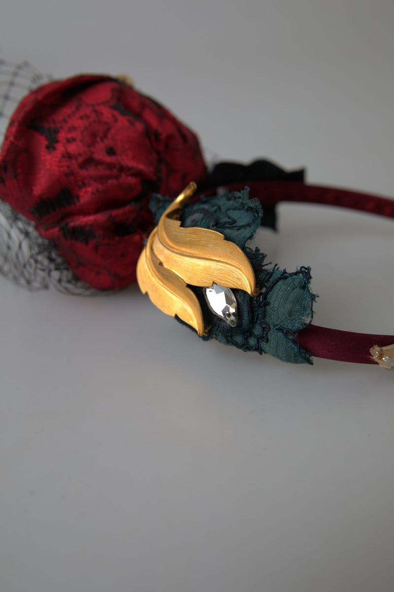 Dolce & Gabbana Red Multicolor Rose Silk Crystal Headband