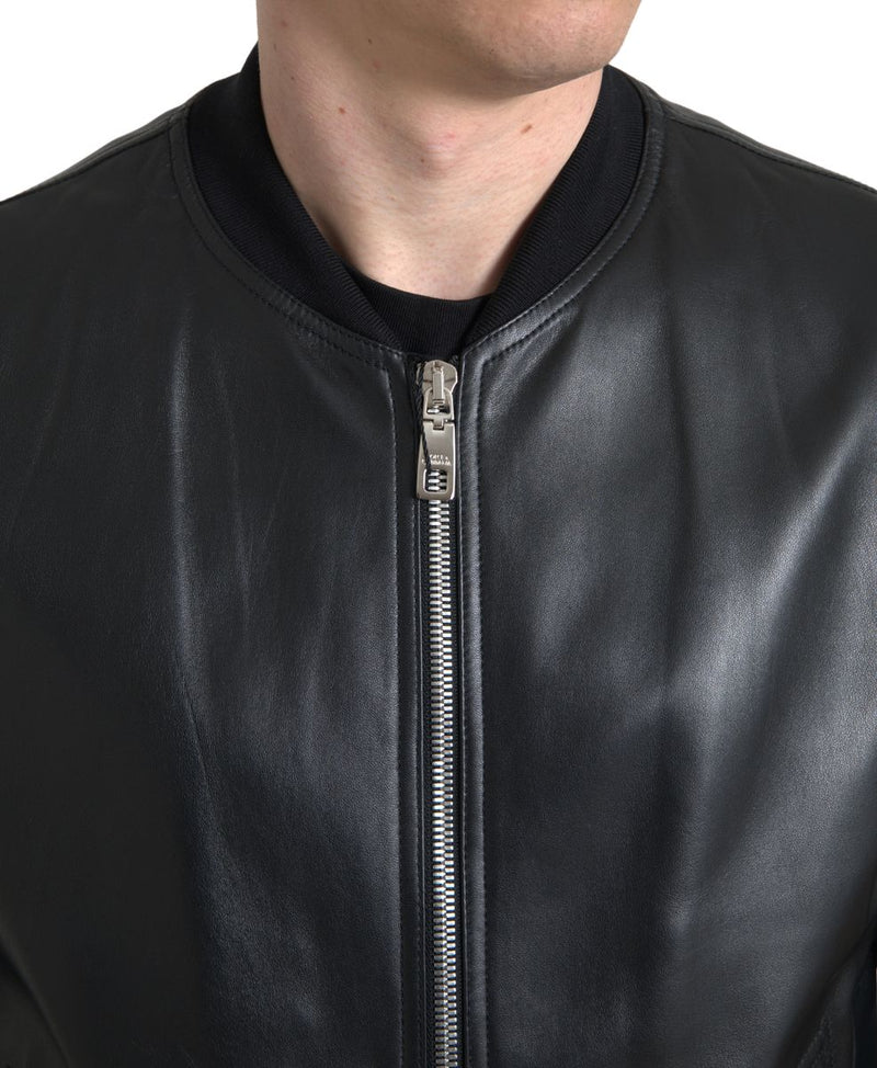 Veste bomber homme en cuir noir à fermeture éclair intégrale Dolce & Gabbana