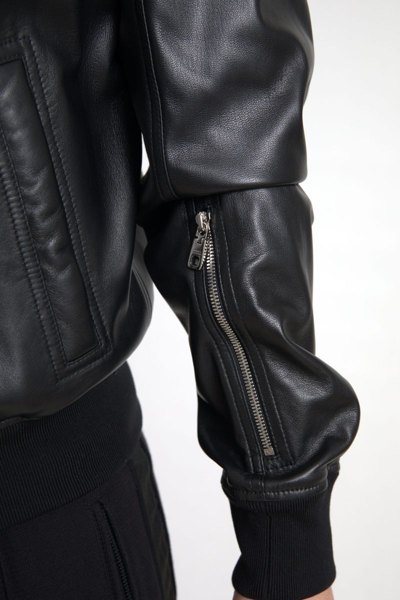 Veste bomber homme en cuir noir à fermeture éclair intégrale Dolce & Gabbana