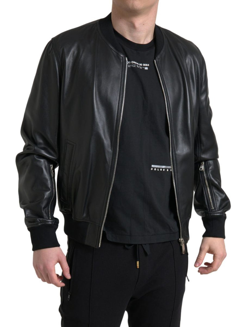 Veste bomber homme en cuir noir à fermeture éclair intégrale Dolce & Gabbana