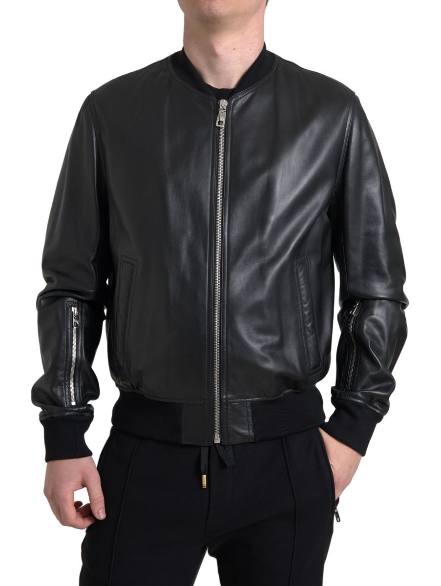 Veste bomber homme en cuir noir à fermeture éclair intégrale Dolce & Gabbana