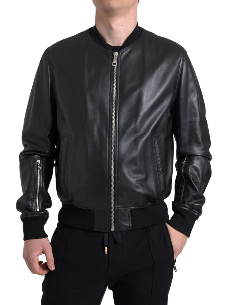 Veste bomber homme en cuir noir à fermeture éclair intégrale Dolce & Gabbana
