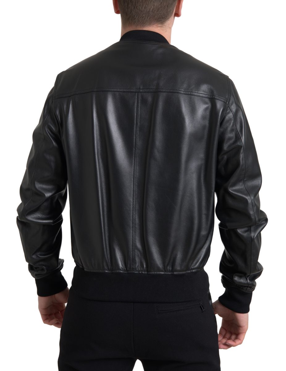 Veste bomber homme en cuir noir à fermeture éclair intégrale Dolce & Gabbana