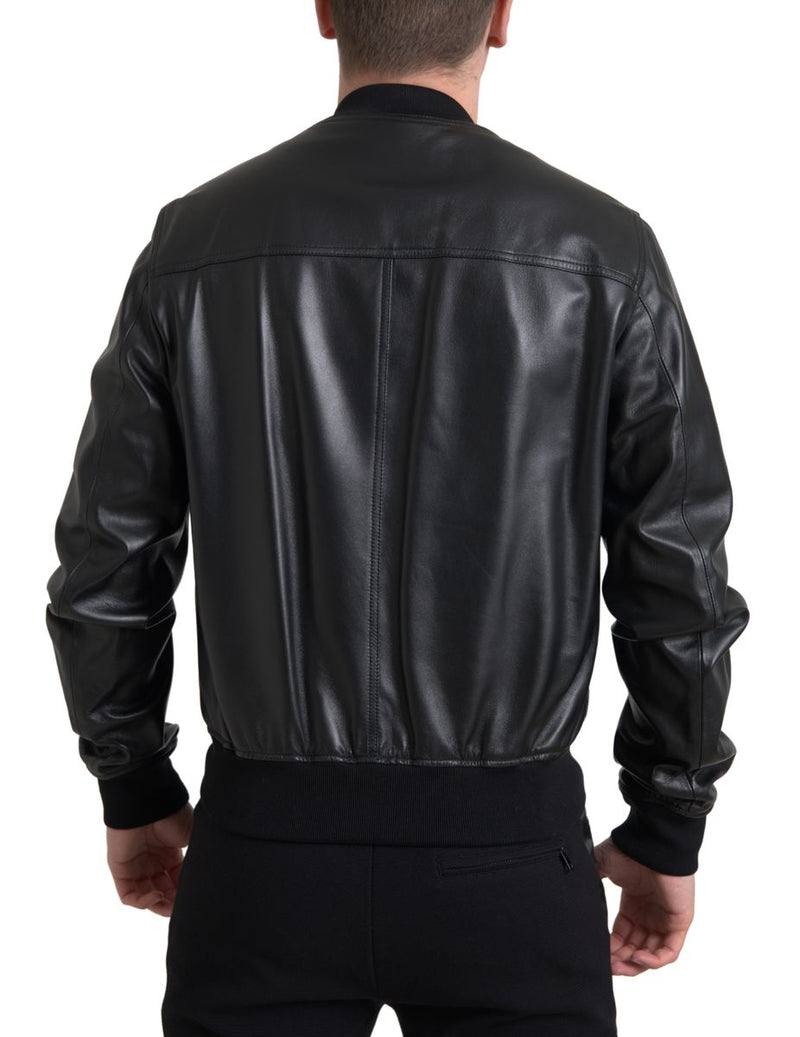 Veste bomber homme en cuir noir à fermeture éclair intégrale Dolce & Gabbana