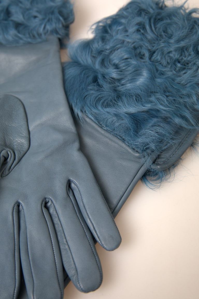 Dolce & Gabbana Gants en Cuir Bleu avec Fourrure Longueur Mi-Bras