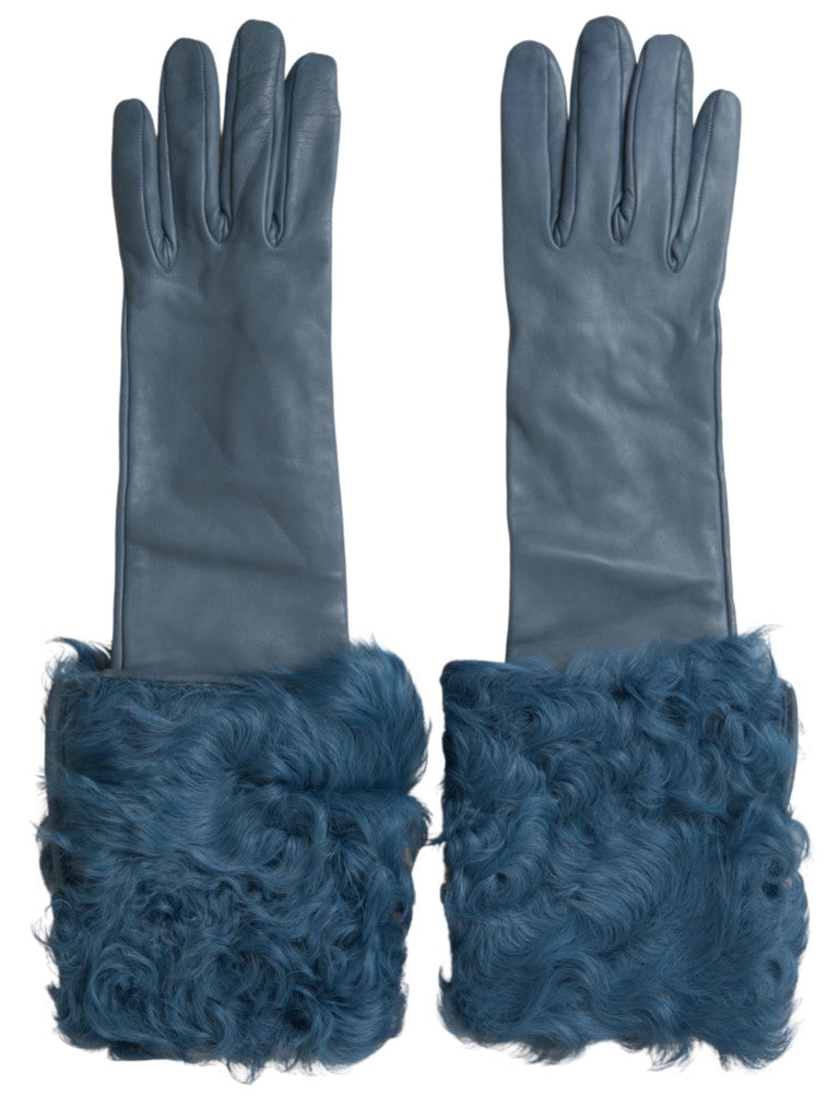 Dolce & Gabbana Gants en Cuir Bleu avec Fourrure Longueur Mi-Bras