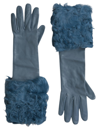 Dolce & Gabbana Blauwe Leren Bont Mid-Arm Lange Handschoenen