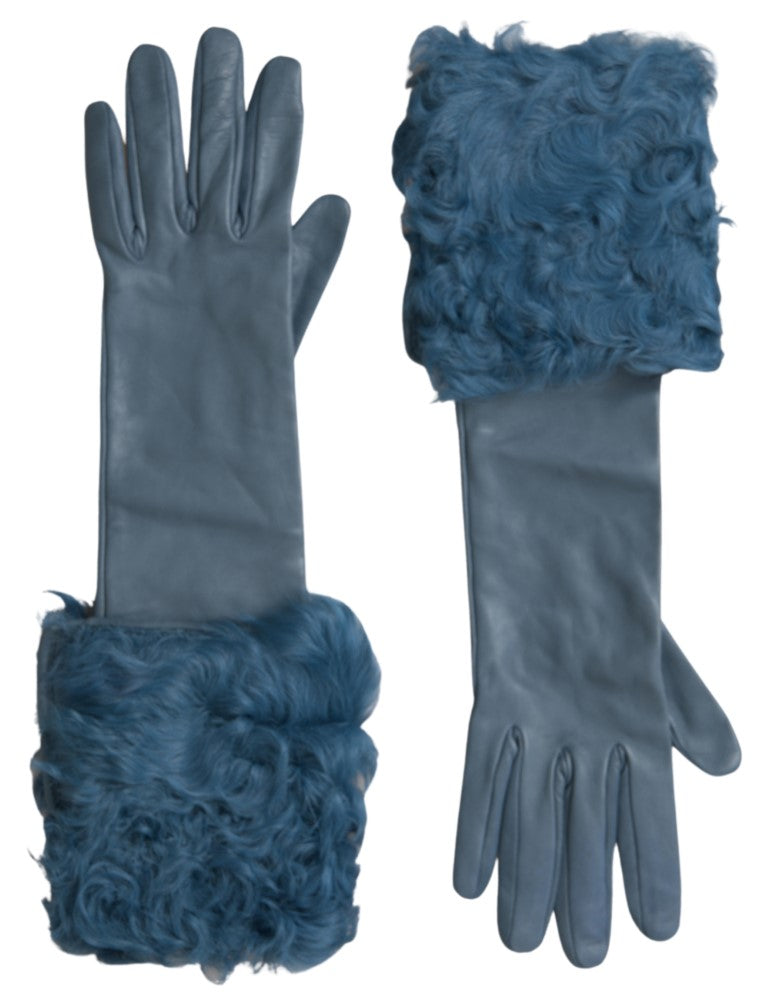 Dolce & Gabbana Gants en Cuir Bleu avec Fourrure Longueur Mi-Bras