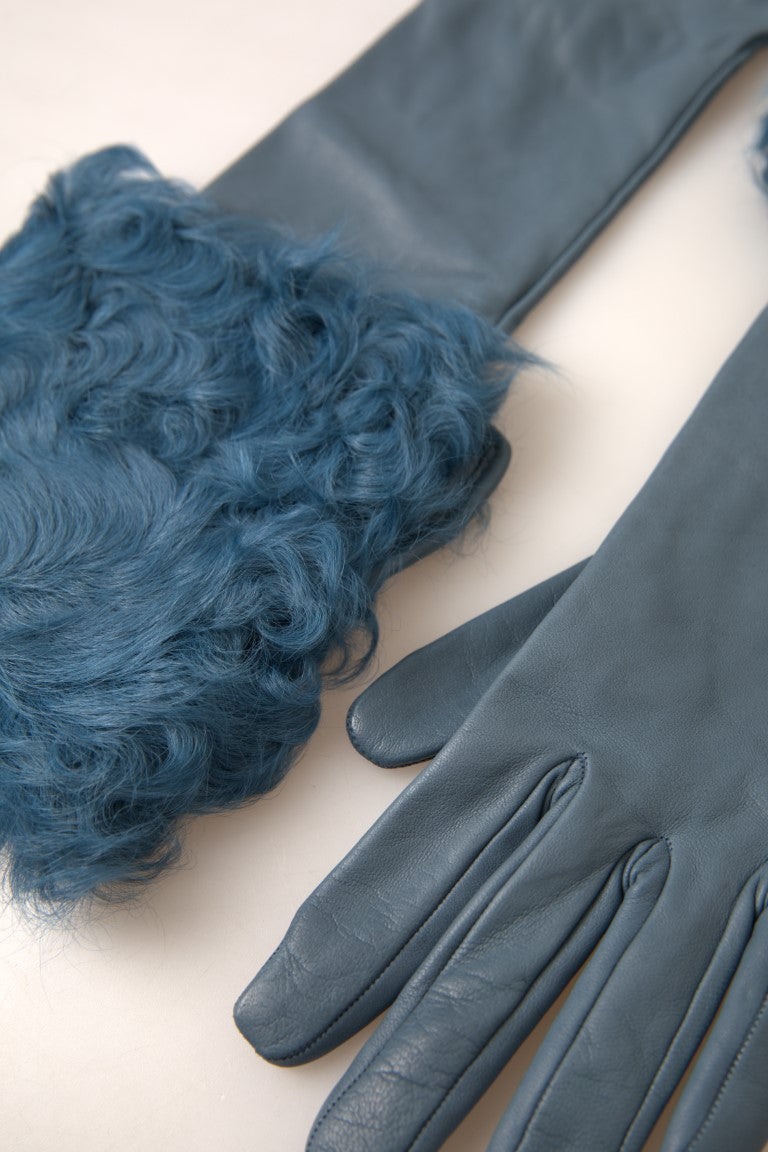 Dolce & Gabbana Gants en Cuir Bleu avec Fourrure Longueur Mi-Bras
