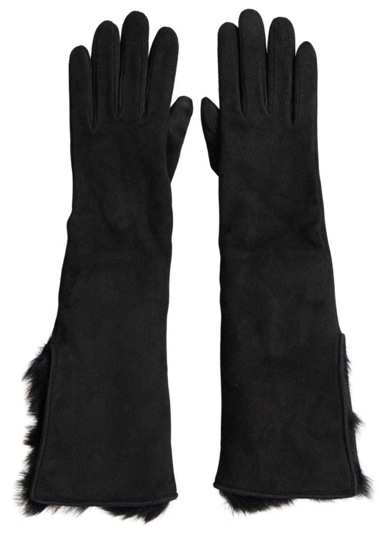 Gants en cuir noir et fourrure Dolce & Gabbana jusqu'aux coudes