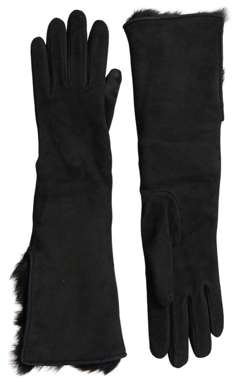 Dolce & Gabbana Zwarte Leren Bont Ellebooglange Handschoenen