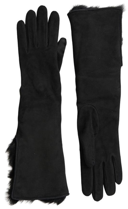 Dolce & Gabbana Zwarte Leren Bont Ellebooglange Handschoenen