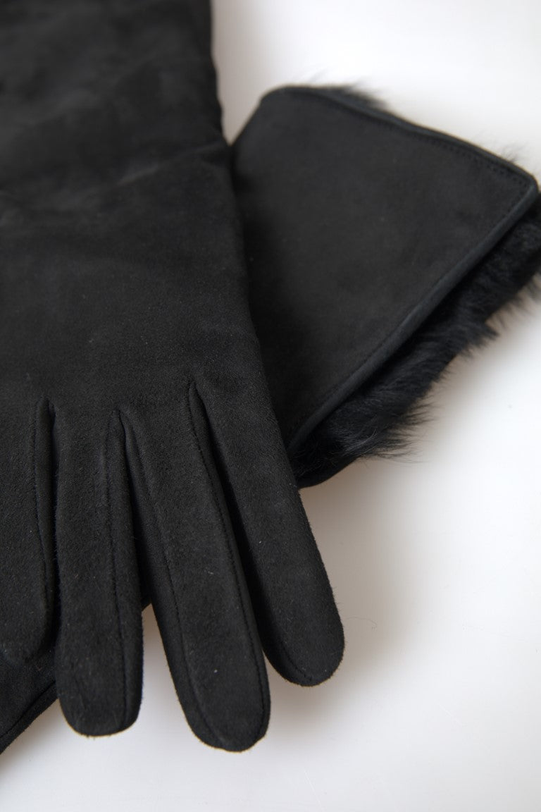 Gants en cuir noir et fourrure Dolce & Gabbana jusqu'aux coudes