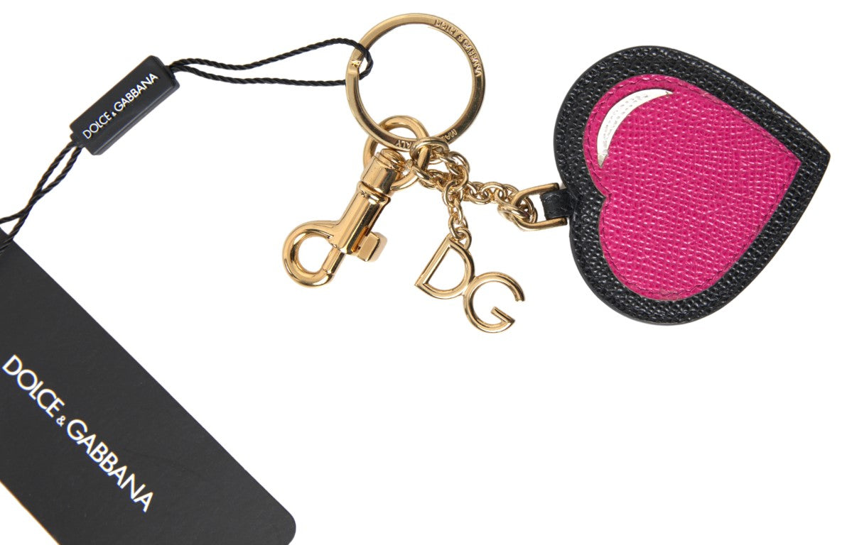 Dolce & Gabbana Zwarte Fuchsia Hart Leren Gouden Metalen Sleutelhanger
