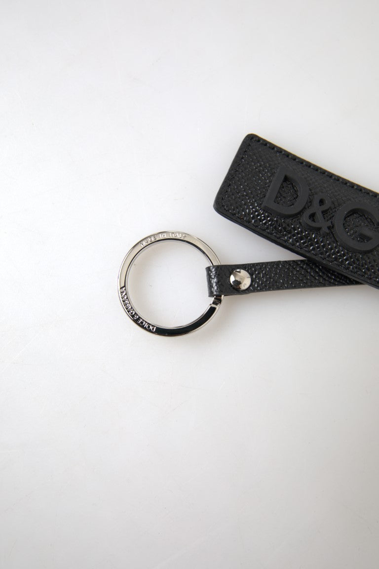 Dolce & Gabbana zwarte DG-logo leren zilveren metalen sleutelhanger