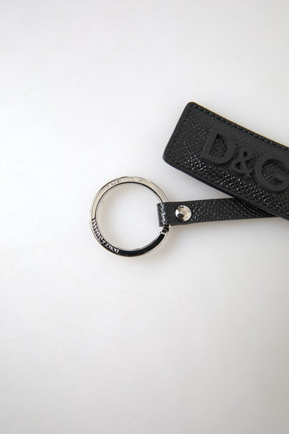 Dolce & Gabbana zwarte DG-logo leren zilveren metalen sleutelhanger