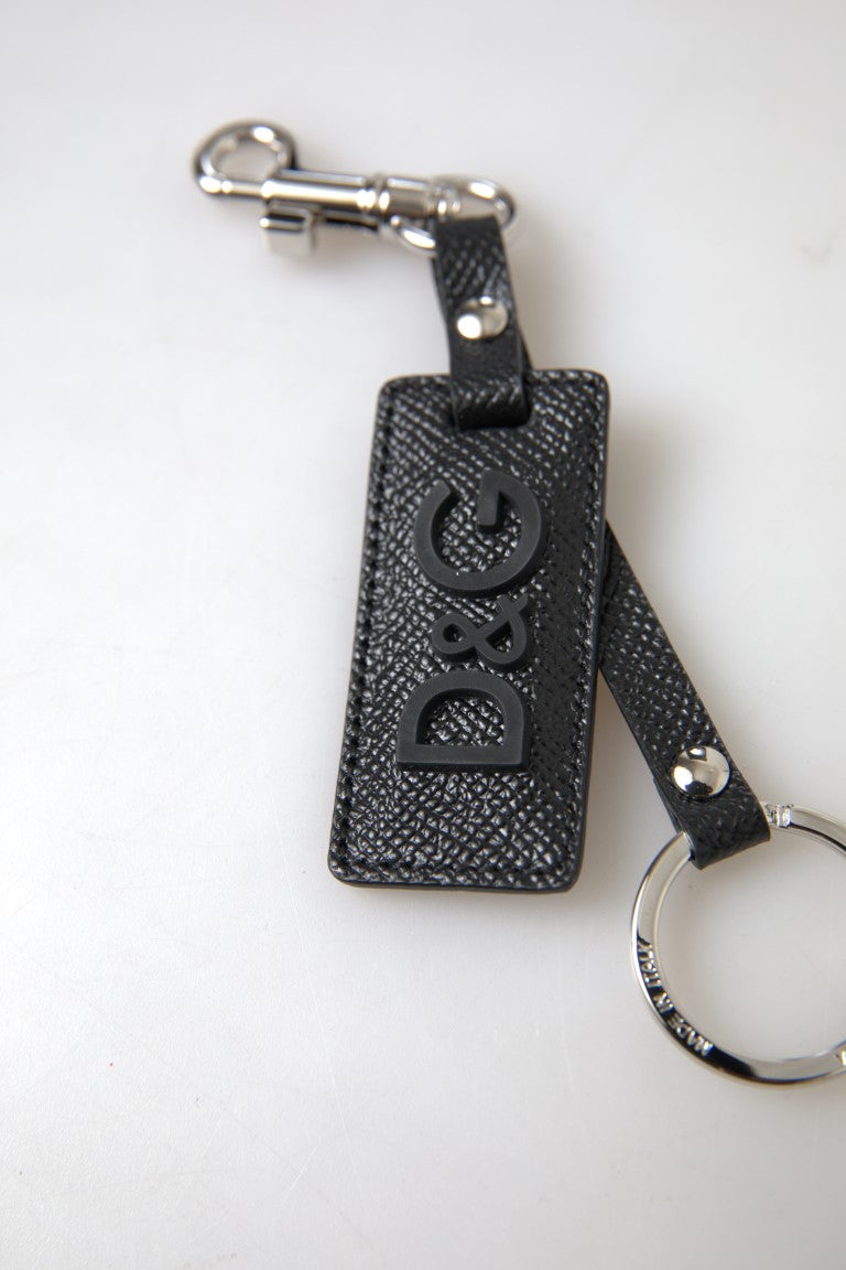 Dolce & Gabbana zwarte DG-logo leren zilveren metalen sleutelhanger