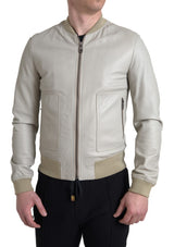 Veste bomber en cuir crème à fermeture éclair intégrale de Dolce & Gabbana