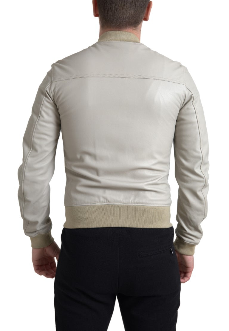 Veste bomber en cuir crème à fermeture éclair intégrale de Dolce & Gabbana