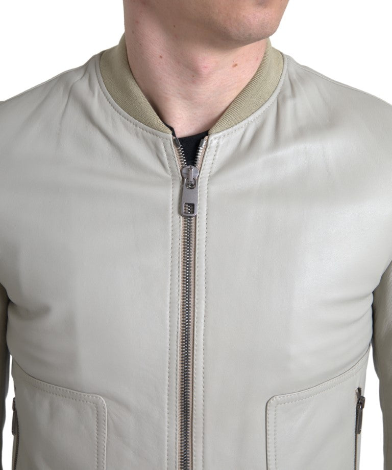 Veste bomber en cuir crème à fermeture éclair intégrale de Dolce & Gabbana