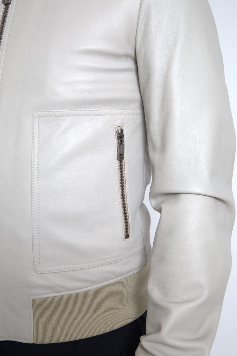 Veste bomber en cuir crème à fermeture éclair intégrale de Dolce & Gabbana