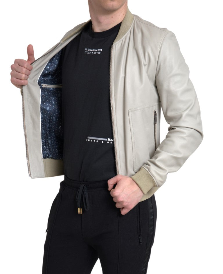 Veste bomber en cuir crème à fermeture éclair intégrale de Dolce & Gabbana
