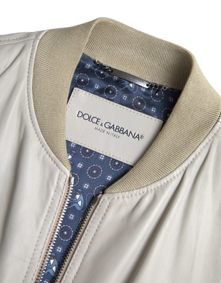 Veste bomber en cuir crème à fermeture éclair intégrale de Dolce & Gabbana