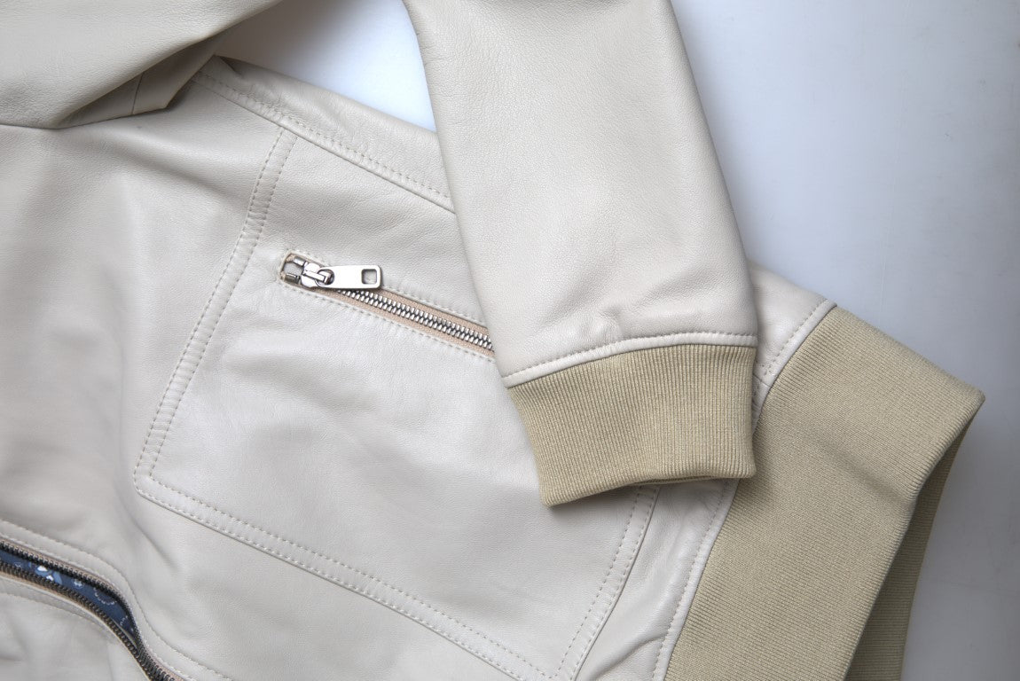 Veste bomber en cuir crème à fermeture éclair intégrale de Dolce & Gabbana
