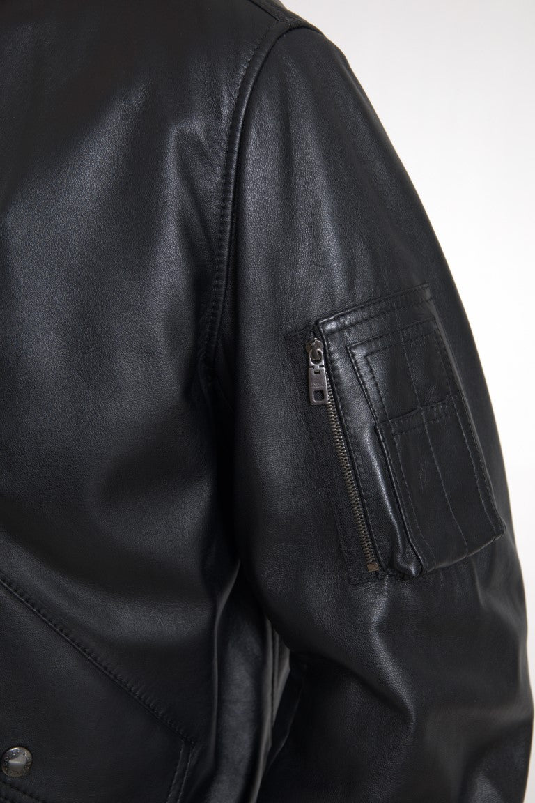 Veste bomber en cuir noir à fermeture éclair intégrale de Dolce & Gabbana