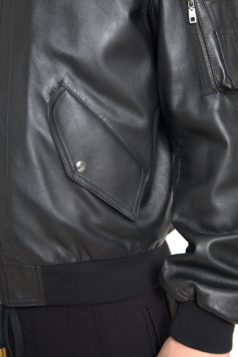 Veste bomber en cuir noir à fermeture éclair intégrale de Dolce & Gabbana